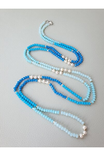 Abundo Colier Blue Sea din perle de cultura si cristale cu argint 925 placat cu rodiu, 130 cm