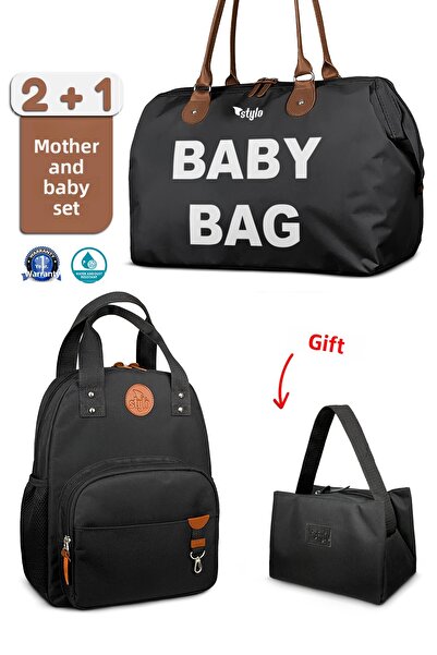 Stylo Baby Bag Baby Care Women's Shoulder Bag + Popi Mother Women's Backpack Thermos Bag Gift-Black