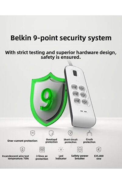 Hedef Market كابل BSV604 بطول 2 متر مع 6 منافذ USB-A للحماية من التيار الكهربائي بريز