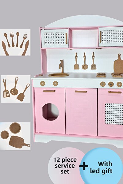 hedefixtoys مطبخ لعبة خشبي وردي - مع مجموعة تقديم مكونة من 12 قطعة وشيف صغير LED
