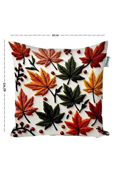 Sakallı Punch Embroidery Pattern Digital Printed Autumn Themed 4-Piece Throw Pillow Cover in Orange and Yellow Colors