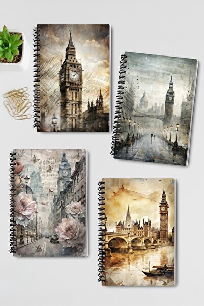 qoeuyl boutique London Themed Design Wire Spiral A5 Unlined 4-Piece Souvenir, Memory, School Notebook Set