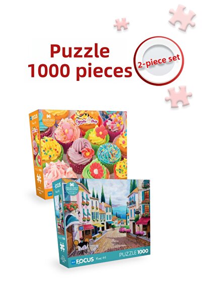 Blue Focus 2 Piece 1000 Piece Puzzle - Cupcake Shop and Beautiful Beach Street