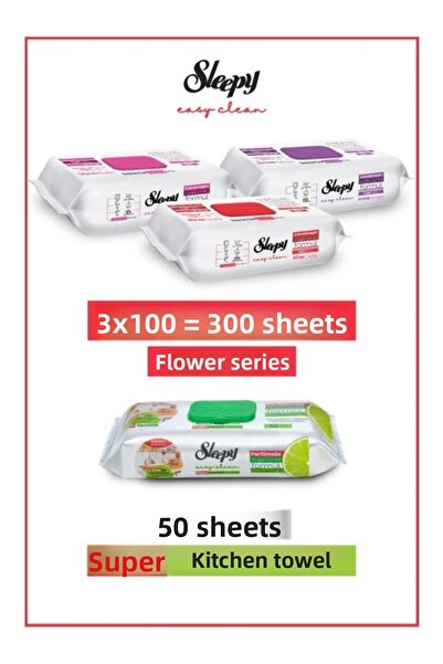 Sleepy Easy Clean Flower Series & Bergamot Oil Super Kitchen Surface Cleaning Towel & Wipes (3X100+50)