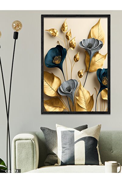 CeSht Elegant Gold and Blue Flowers One Piece Black Wooden Framed Painting