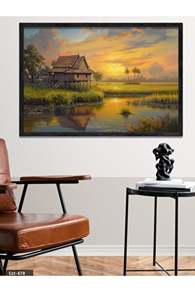 CeSht Village House at Sunset One Piece Black Wooden Framed Painting