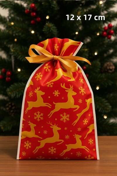 PEKSHOP Christmas Gift Bag Deer Pattern Medium Size Christmas Gift Bag Pouch 12X17Cm Pack of 5