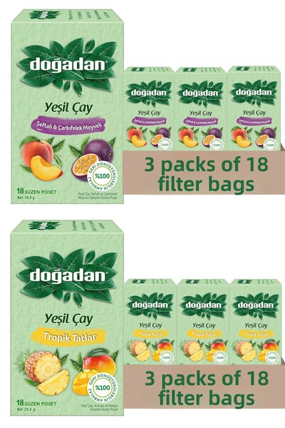 Doğadan أكياس شاي أخضر بنكهات استوائية وفاكهة الخوخ والتوت 18 × 6 قطع