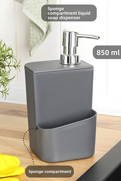 Meleni Home Liquid Soap Dispenser with Sponge Holder - Countertop Soap Dispenser with Sponge Holder Kitchen Organizer 850ml Gray
