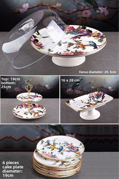 Pinkev Flora 9 Piece Ceramic Cake Serving Presentation Plate Set