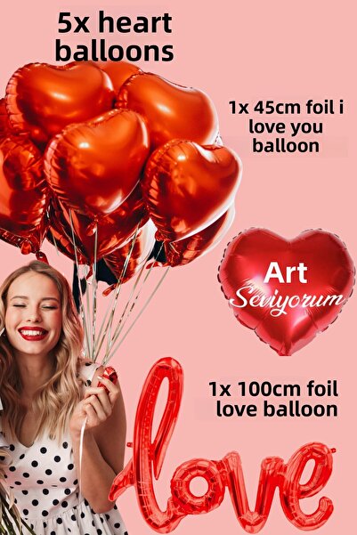 Baloncu Dede 5 Red Heart Foil Balloon Love and I Love You Foil Balloon Helium Compatible Valentine's Day