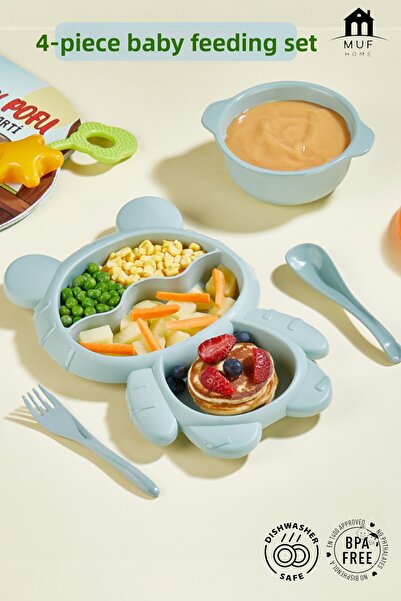 MUF HOME طبق طعام للأطفال على شكل دمية دب مكون من 3 أقسام و4 قطع + وعاء شوربة...