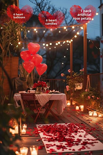 SkyPop 6 Red Plain Heart Balloons, 6 Heart Candles, 1 Pack Artificial Rose Petals, Romantic, Love