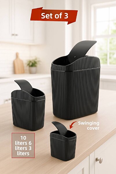 Open Home Concept 3-Piece Trash Can, Kitchen, Bathroom, Toilet, Office Trash Can Black