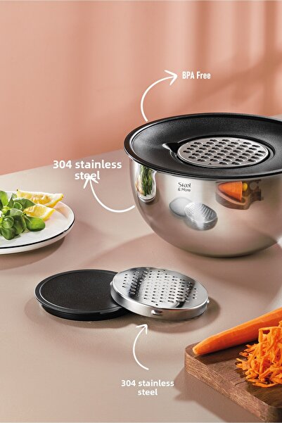 Steel & More مجموعة من 5 أوعية تخزين وخلط من الفولاذ المقاوم للصدأ مع مبشرة - 24 سم