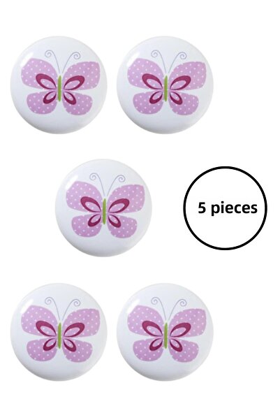 MegaVitrin 5 Pieces Porcelain Pink Butterfly Patterned Children's Room Furniture Handle Ceramic Drawer Cabinet Knob