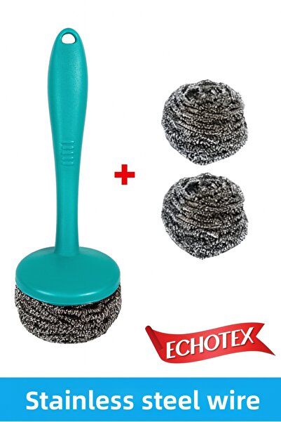 ECHOTEX Stainless Steel Scrubbing Wire Set with Handle – 1 Handle + 3 Replacement Wires – Durable and Ergonomic