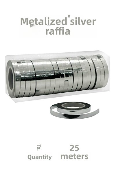 FESTİLO خيط رافيا لامع معدني 25 متر لربط البالونات باللون الفضي