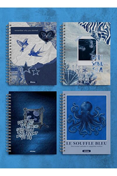 Miona A5 Spiral School Notebook 60 Sheets Set of 4 Navy Blue Themed 2 Squares - 2 Lines, Notebook, Notebook
