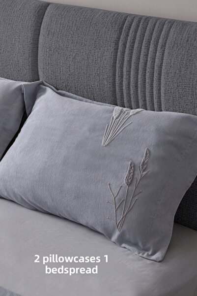 BUGİ HOME COLLECTİON Willow Breeze Pattern Double Size Embroidered Bedspread Set Chenille Fabric Punch Embroidered 240X260Cm