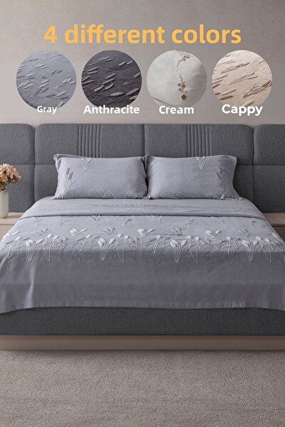 BUGİ HOME COLLECTİON Willow Breeze Pattern Double Size Embroidered Bedspread Set Chenille Fabric Punch Embroidered 240X260Cm