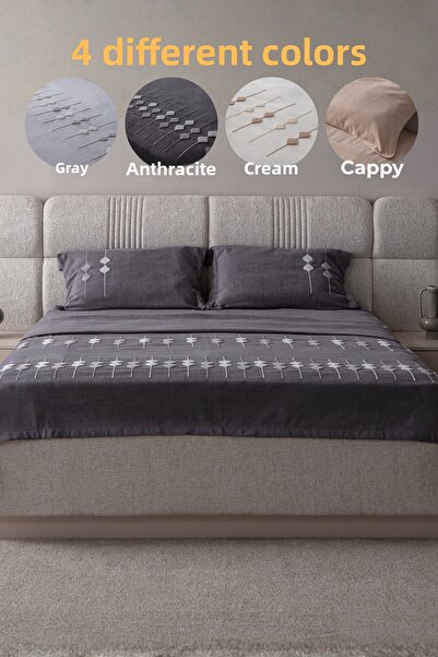 BUGİ HOME COLLECTİON Zen Baklava Pattern Double Size Embroidered Bedspread Set Chenille Fabric Punch Embroidered 240X260Cm