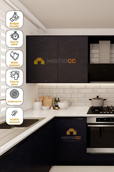 HOMECC İNTERİOR Самозалепващо фолио с мотив от черен мрамор, 120 см – за кухн...