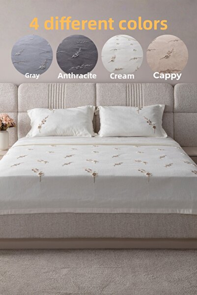 BUGİ HOME COLLECTİON Seren Pattern Double Embroidered Bedspread Set Chenille Fabric Punch Embroidered 240X260Cm