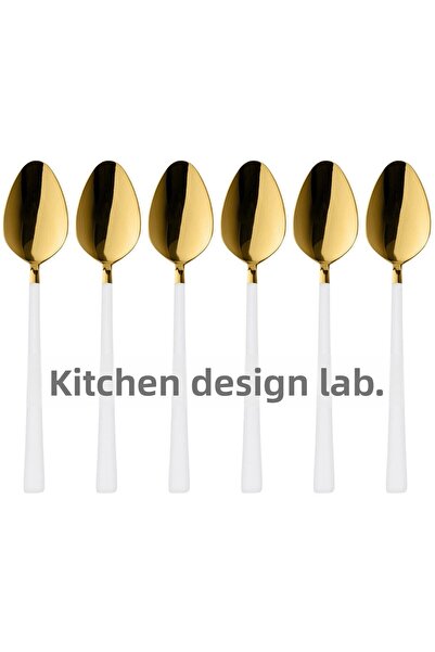 Atlas Mutfak Shiny Gold White Dessert and Ice Cream Spoon 6 Pieces, boxed, St...