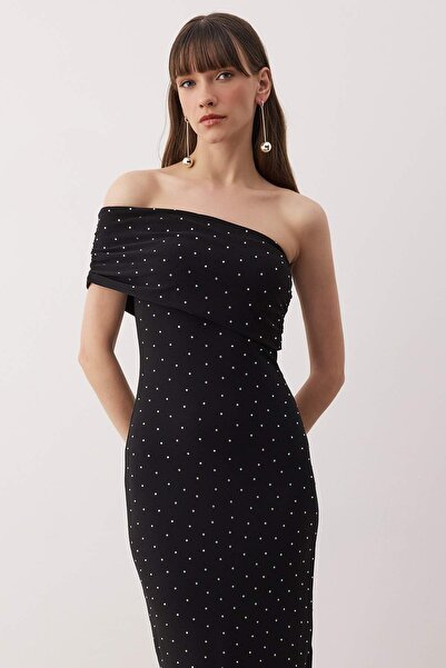 Trendyol Collection Black Stone Printed One Shoulder Knitted Midi Unlined Dress Tpraw26El00061