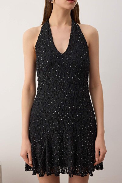 Trendyol Collection Black Straight Halter Stone Printed Lace Short / Mini Lined Dress Tpraw26El00095