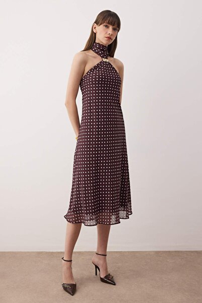 Trendyol Collection Plum Polka Dot Chiffon Lined Midi Dress Tpraw26El00125