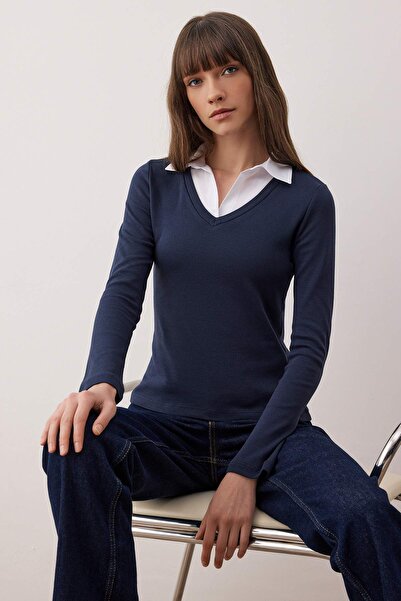 Trendyol Collection Navy Blue Woven Detailed Shirt Collar Regular/Normal Fit Knitted Blouse Twoaw25Bz00035