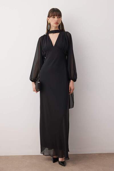 Trendyol Collection Black Shawl Detail Woven Chiffon Stylish Maxi Evening Dress Night Graduation Dress Tpraw26Ae00011
