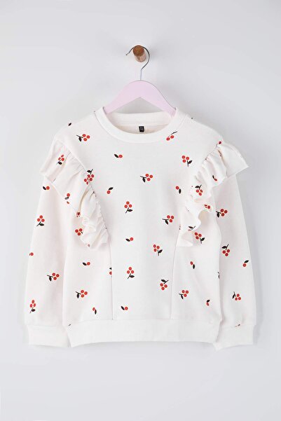 TRENDYOLKIDS Bedrucktes Strick-Sweatshirt für Mädchen aus Ecru-Baumwolle TKDAW26SW00053