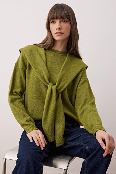 Trendyol Collection Oil Green Soft Textured Wide Fit Shawl Knitwear Sweater Twoaw26Kz00166