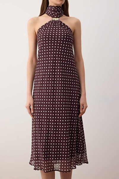 Trendyol Collection Plum Polka Dot Chiffon Lined Midi Dress Tpraw26El00125