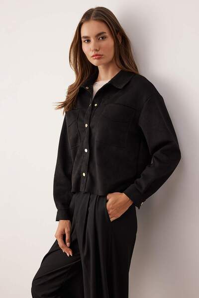 Trendyol Collection Black Gold Button Detailed Suede Shirt Jacket Twoaw26Ce00016