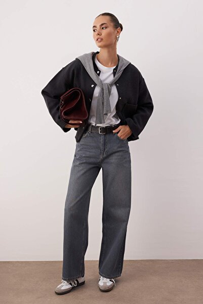 Trendyol Collection Gray High Waist Baggy Wide Leg Comfortable Wide Leg 100% Cotton Jeans Twoaw26Je00239