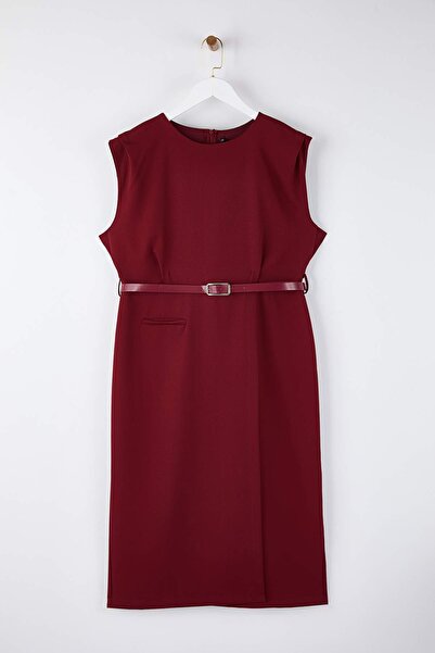 Trendyol Curve Rochie midi cu țesătură fără mâneci burgundy, mărime mare TBBAW26AH00085