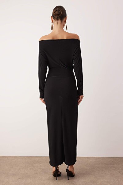 Trendyol Collection Black Asymmetric Neckline Knitted Maxi Unlined Dress Tpraw26El00139