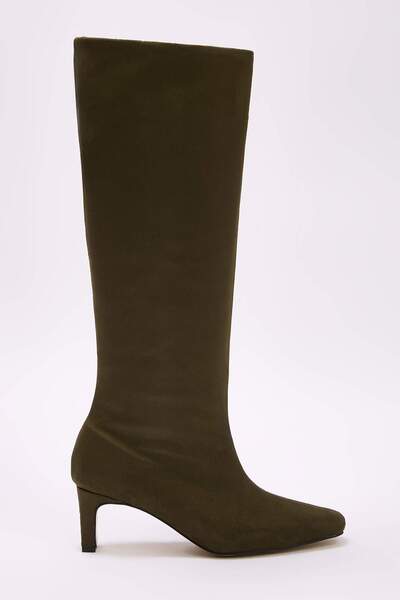 TRENDYOL SHOES Khaki Suede Thin Heeled Women's Boots Takaw25Cz00002