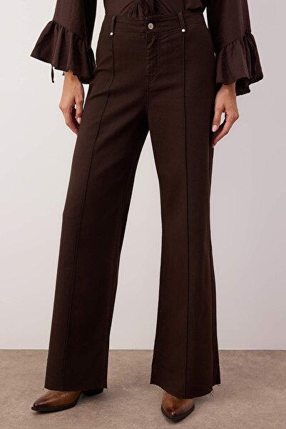 Trendyol Collection Brown High Waist Rib Detailed Wide Leg Jeans with Cut-Out Legs Twoss25Je00310