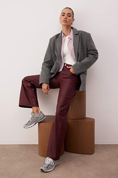 Trendyol Collection Burgundy Coated High Waist Wide Leg Jeans Twoaw26Je00166