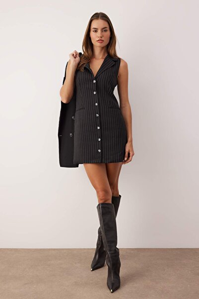 Trendyol Collection Black Striped Short / Mini Woven Jacket Dress Twoaw26El00120