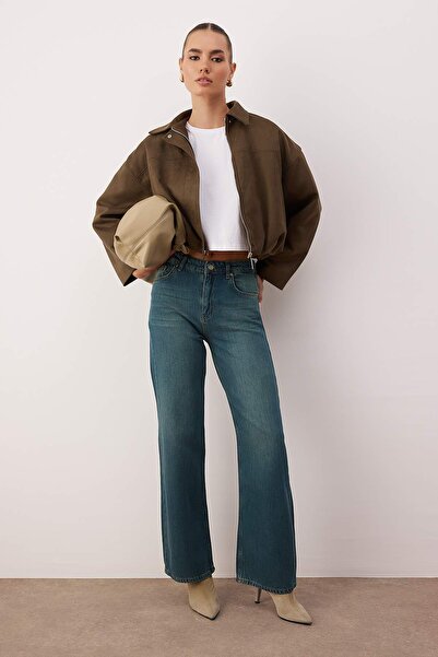 Trendyol Collection Blugi închis la albastru talie înaltă Draped Lyocell Blended croi larg pe picior TWOAW26JE00247