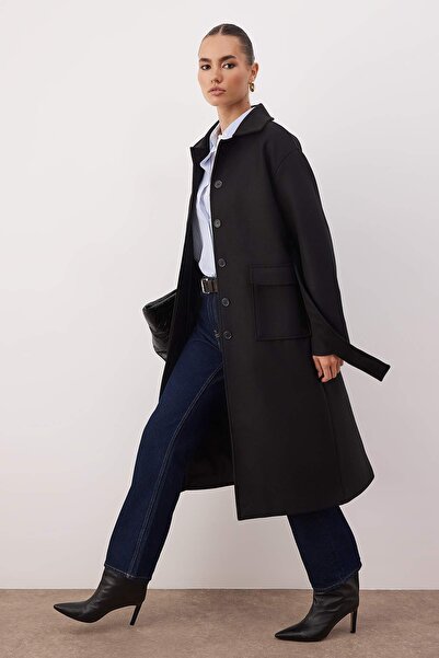 Trendyol Collection Black Pocket Detailed Belted Long Oversize Cashmere Coat Twoaw26Kb00068