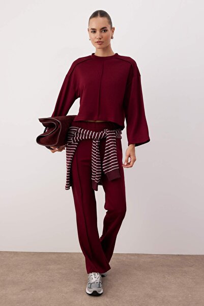 Trendyol Collection Burgundy Regular/Normal Fit Flrae/Spanish Flare Knitted Bottom - Top Set Twoaw26Au00131