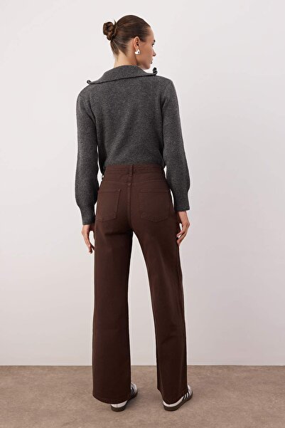 Trendyol Collection Dark Brown High Waist Ankle Length Culotte 100% Cotton Jeans Twoaw26Je00190