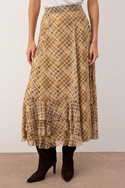 Trendyol Modest Camel Lined Plaid Patterned Ruffle Detailed Chiffon Woven Skirt Tctaw25Ee00002